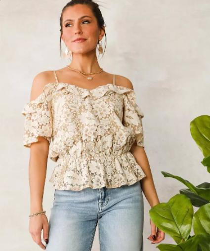 8 Peach Lace Cold Shoulder Top